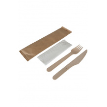 KIT COUVERT BOIS 3 EN 1 - FOURCHETTE COUTEAU SERVIETTE x250